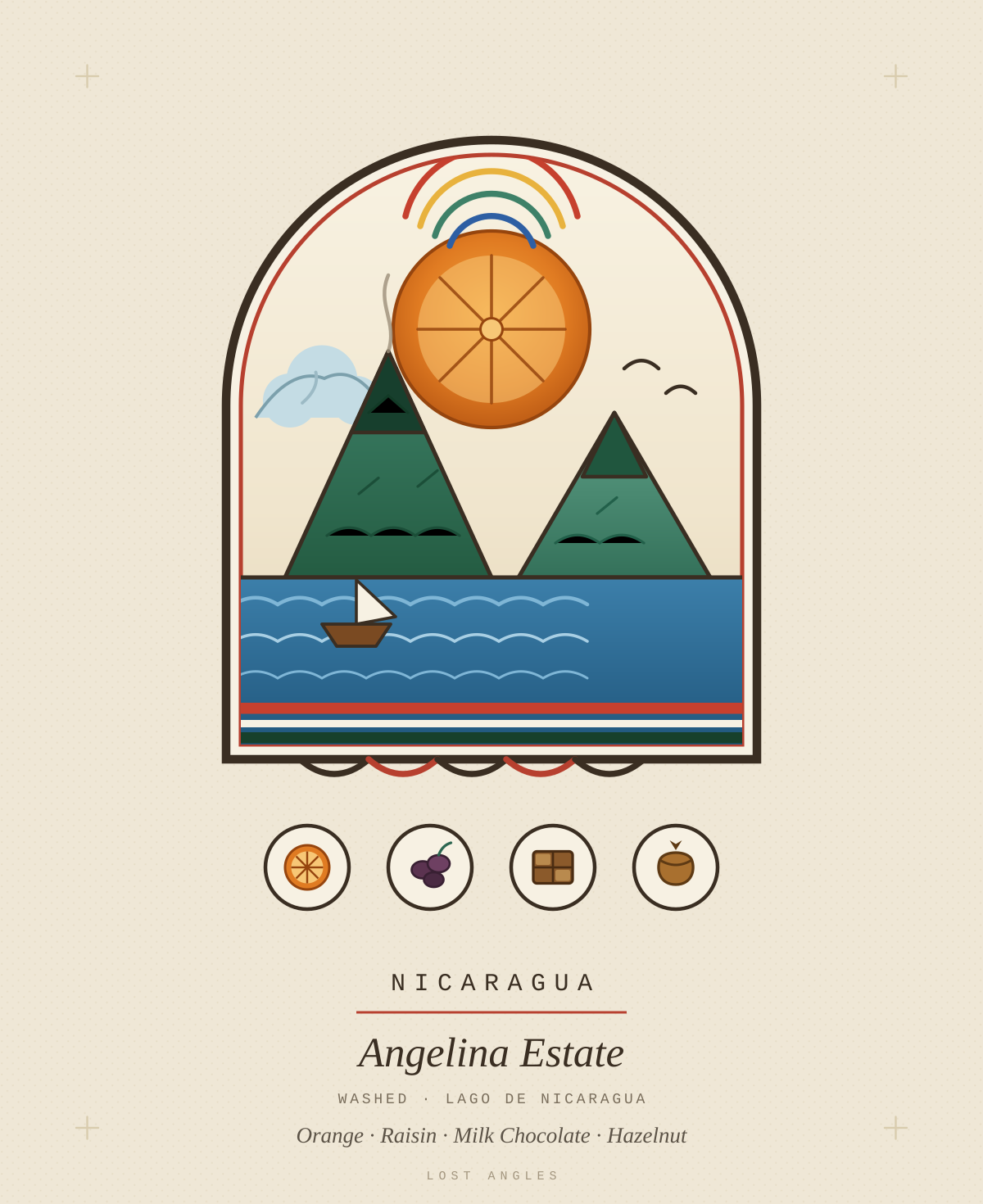 Lost Angles crest for Angelina Estate, Nicaragua — the twin volcanoes of Ometepe rising from a woven lake beneath a citrus sun