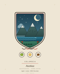 Lost Angles crest for Atunkaa decaf, Colombia — Sierra Nevada snow peaks above the Caribbean under a crescent moon and stars