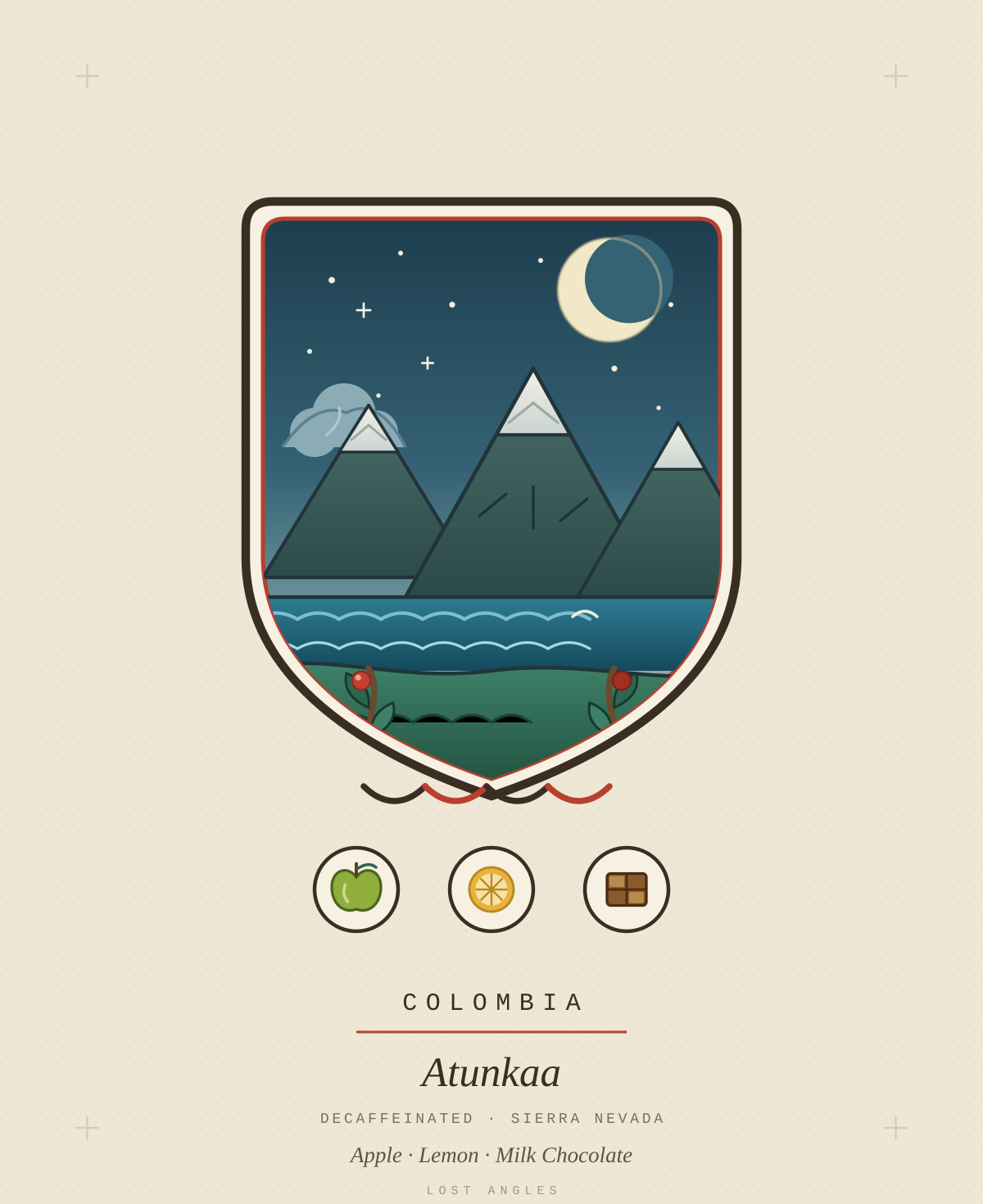Lost Angles crest for Atunkaa decaf, Colombia — Sierra Nevada snow peaks above the Caribbean under a crescent moon and stars