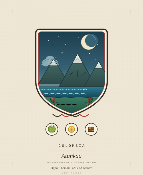 Lost Angles crest for Atunkaa decaf, Colombia — Sierra Nevada snow peaks above the Caribbean under a crescent moon and stars