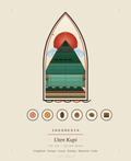 Lost Angles crest for Uten Kupi, Indonesia — a volcanic peak under a red sun, framed by a pointed arch