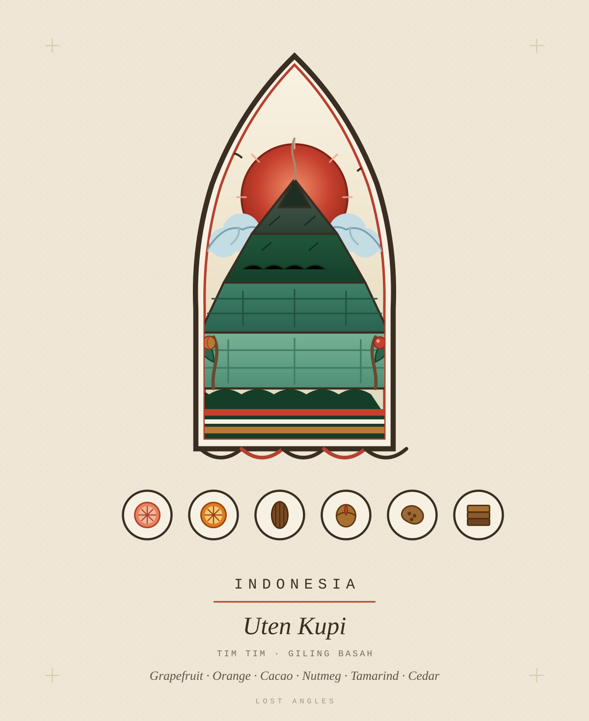 Lost Angles crest for Uten Kupi, Indonesia — a volcanic peak under a red sun, framed by a pointed arch