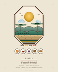 Lost Angles crest for Fazenda Pinhal, Brazil — araucaria pines above rolling hills and a drying patio of cherries