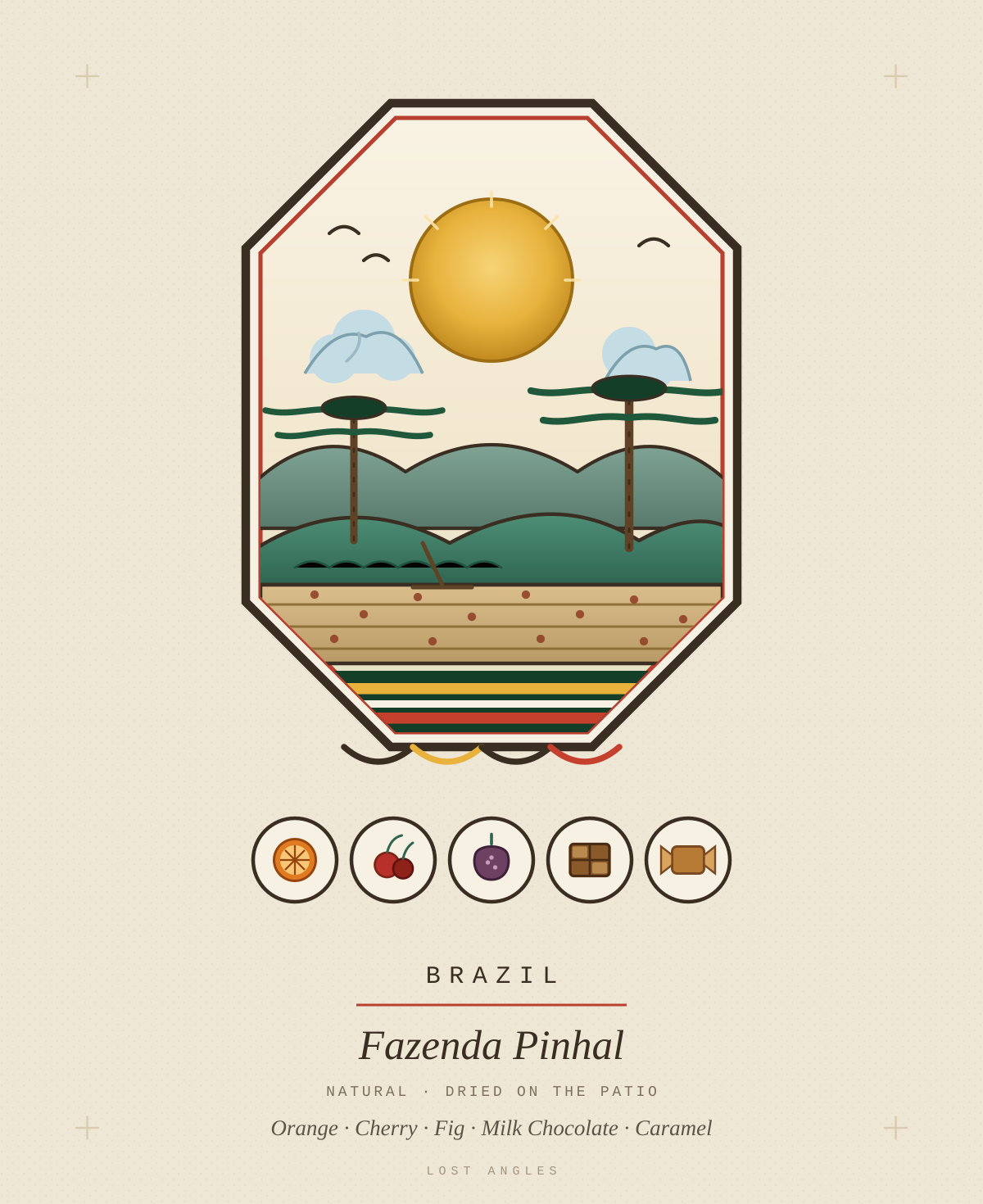 Lost Angles crest for Fazenda Pinhal, Brazil — araucaria pines above rolling hills and a drying patio of cherries