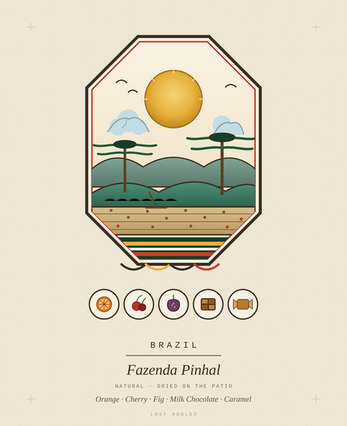 Lost Angles crest for Fazenda Pinhal, Brazil — araucaria pines above rolling hills and a drying patio of cherries