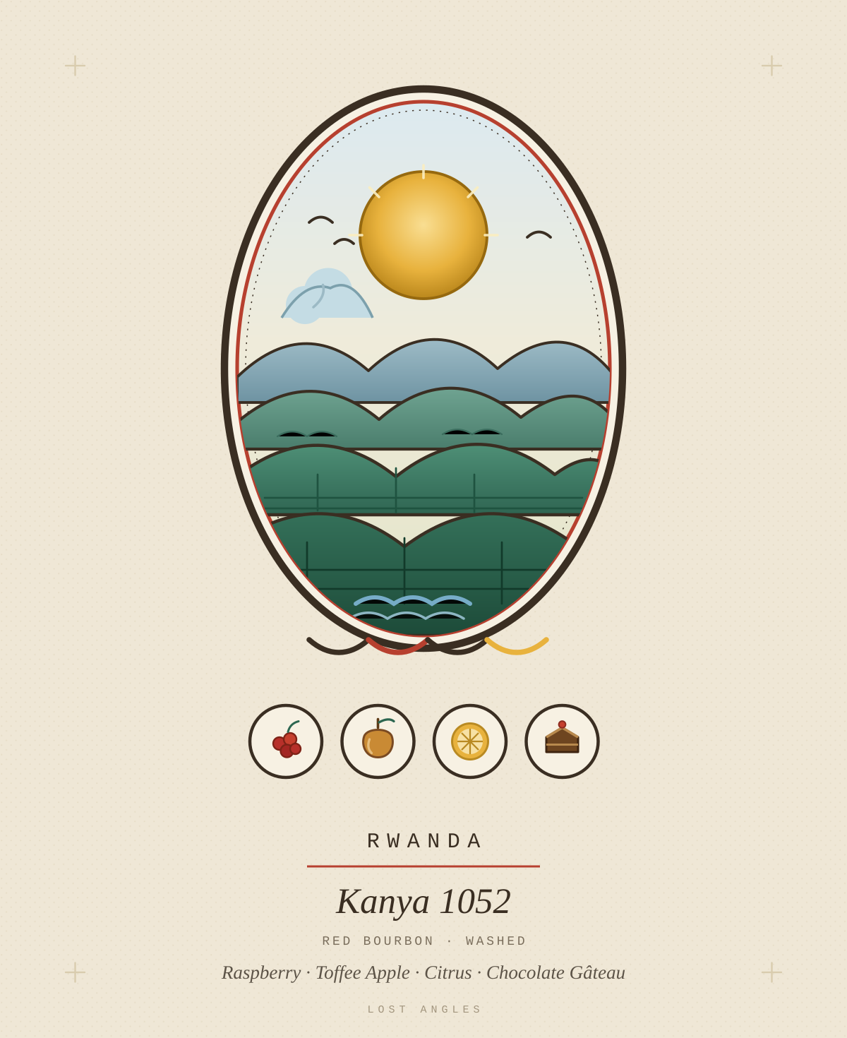 Lost Angles crest for Kanya 1052, Rwanda — layered green hills and terraced rows beneath a citrus sun