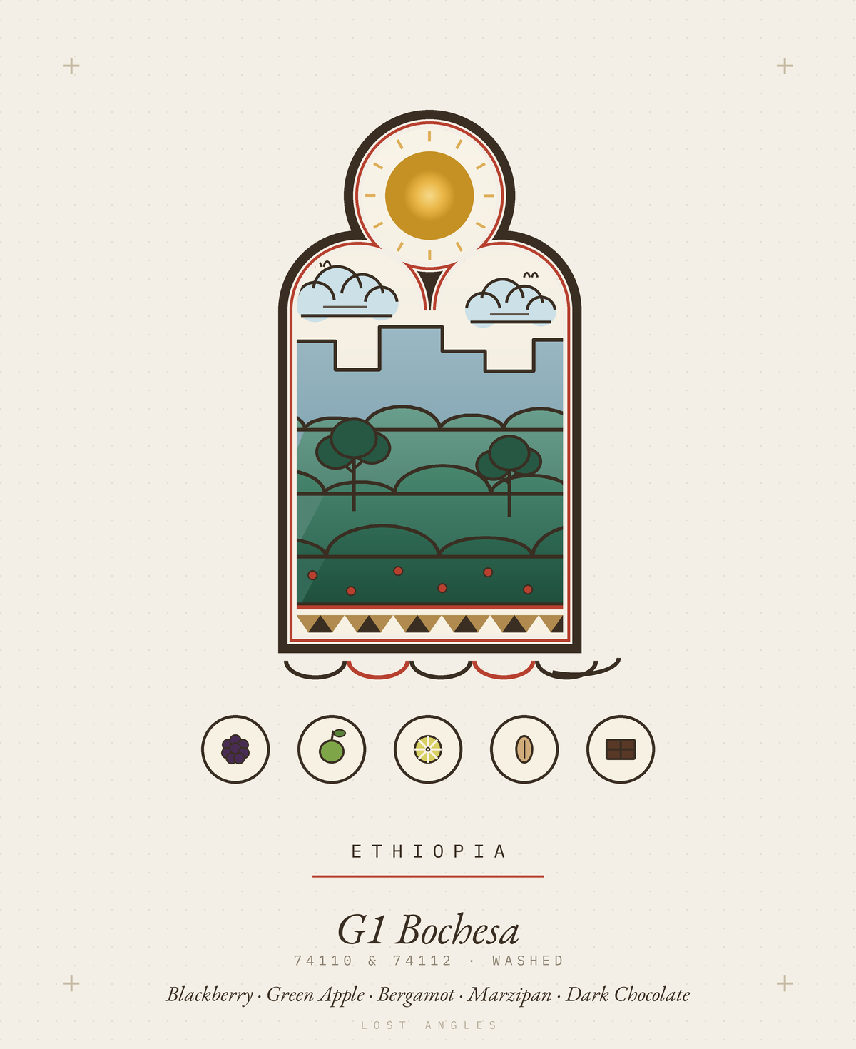 Lost Angles plate for G1 Bochesa, Ethiopia — a trefoil arch framing the Ethiopian highlands under forest shade trees, with icons for blackberry, green apple, bergamot, marzipan and dark chocolate