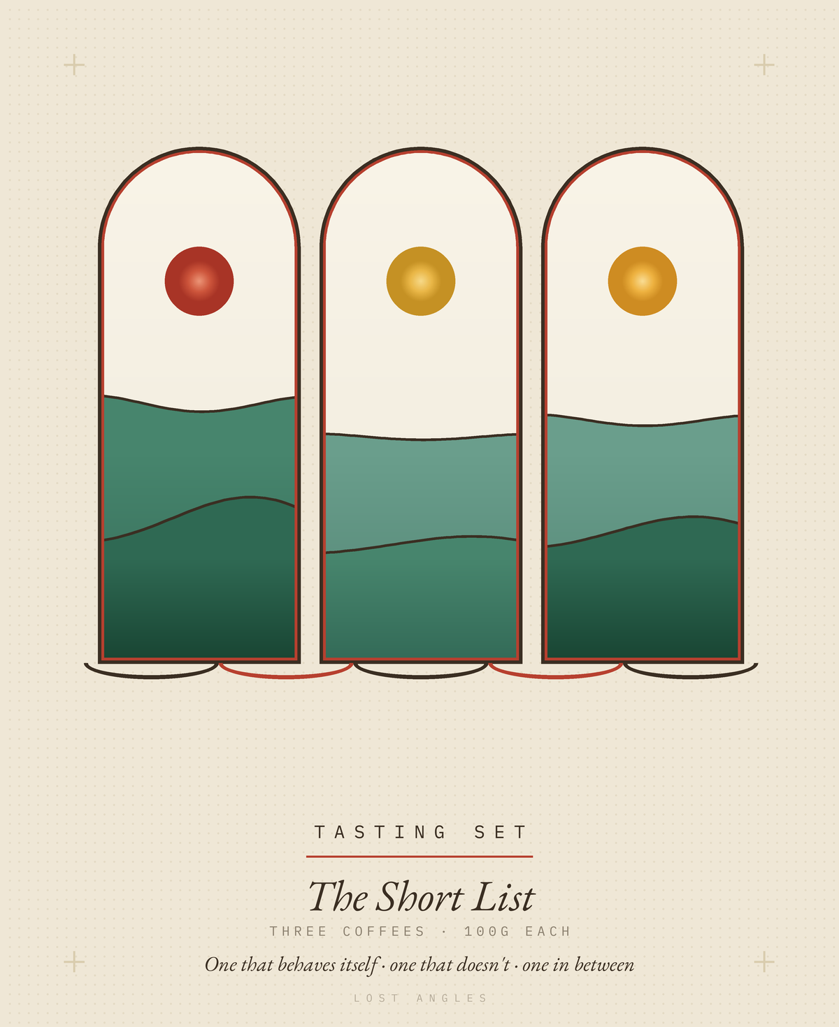 Lost Angles plate for The Short List tasting set — three arched frames side by side, each holding a different landscape and a different sun, standing for three rotating coffees