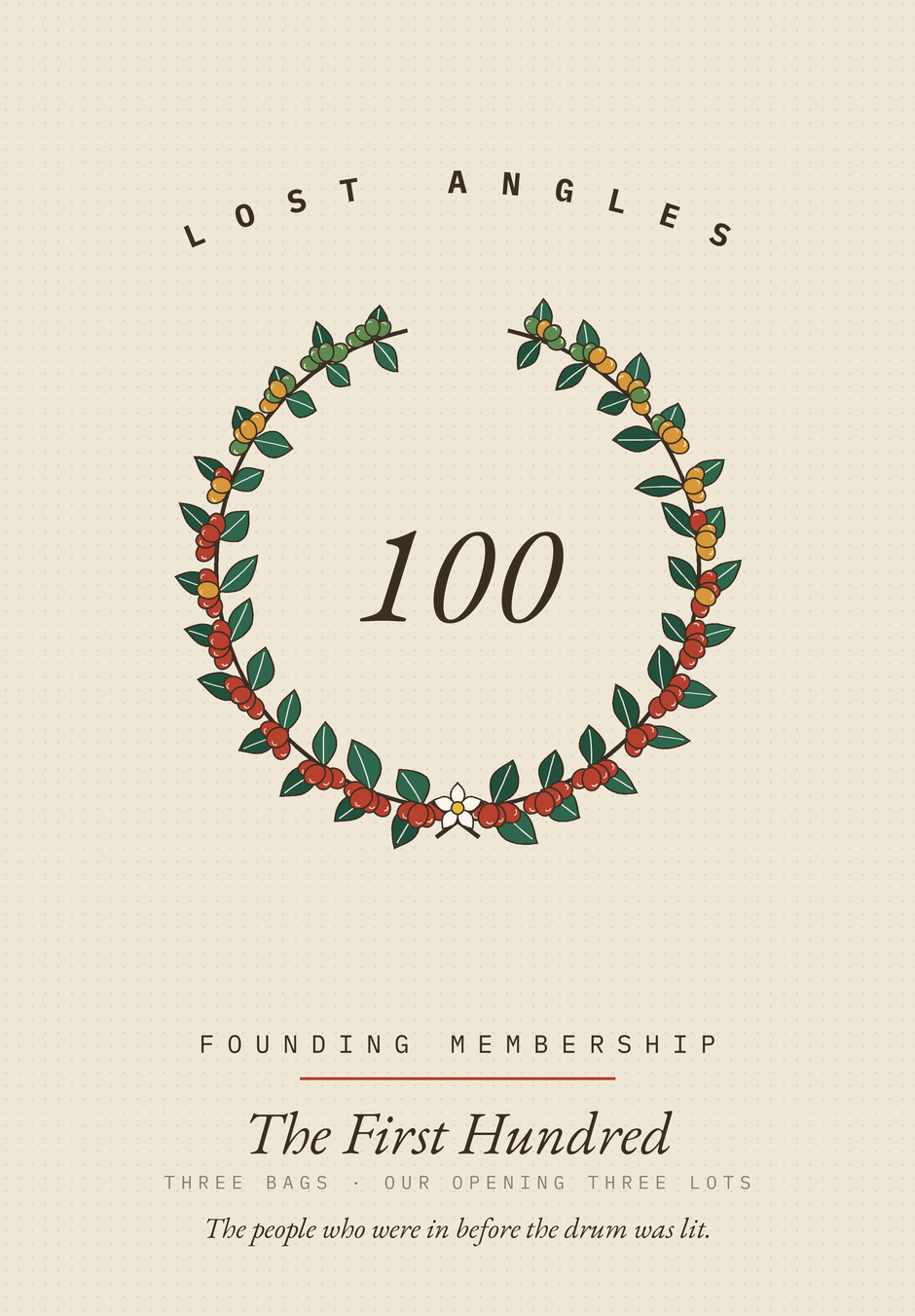 The First Hundred plate: a wreath of a hundred coffee cherries around the number 100.