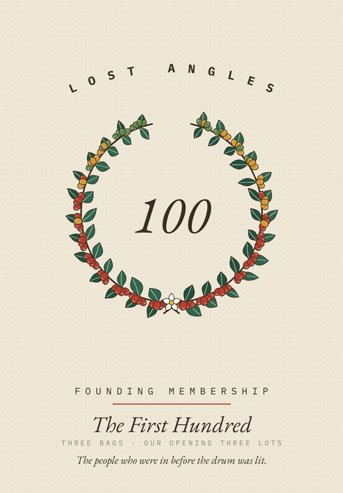 The First Hundred plate: a wreath of a hundred coffee cherries around the number 100.